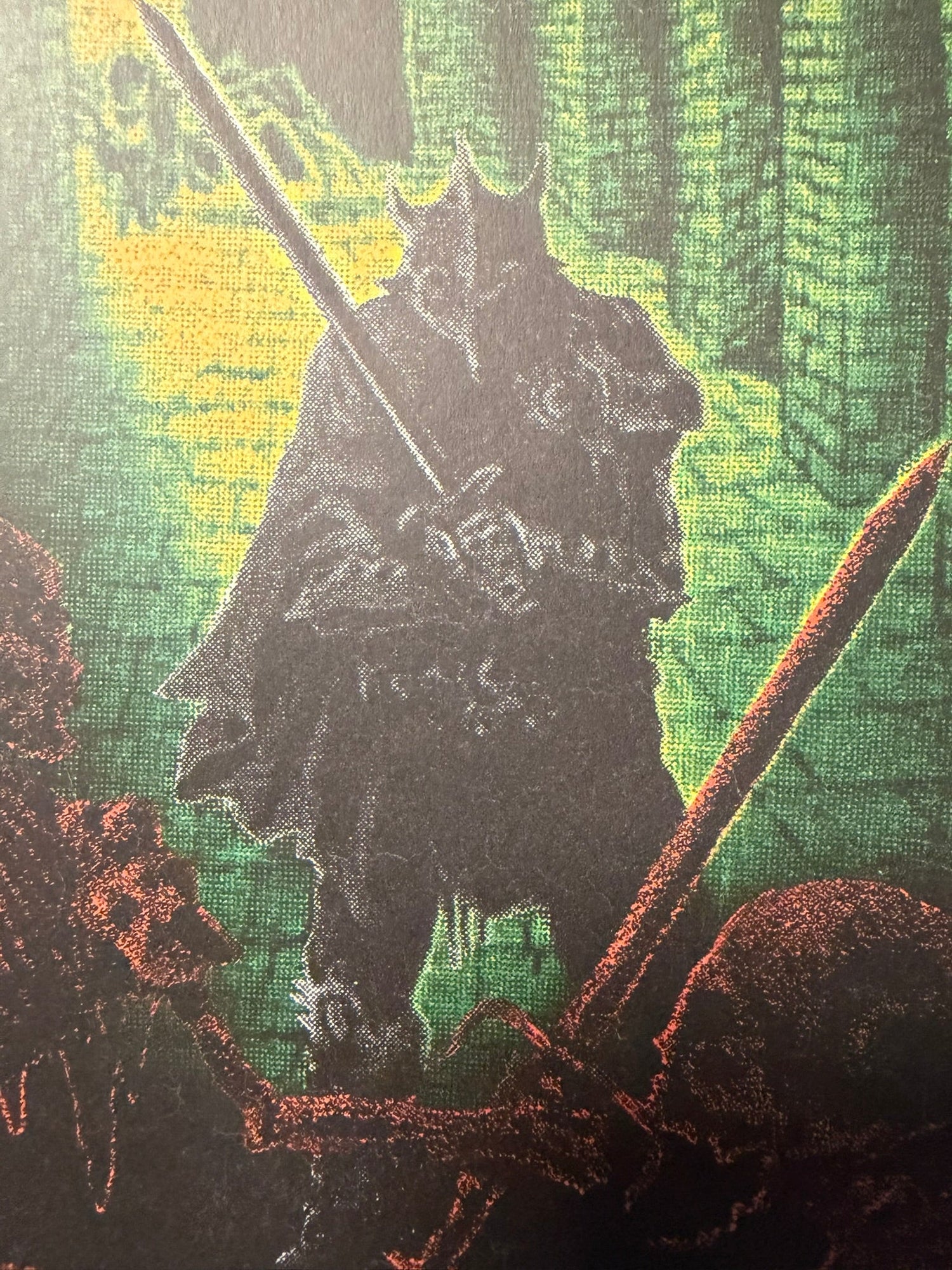 A grainy fantasy illustration of an armored figure in a green forest, holding a long spear.