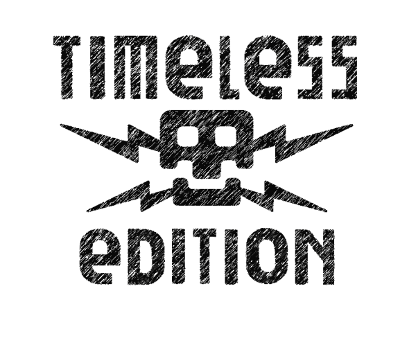 Timeless Edition collection graphic with a dark circular emblem and white text on a pale background