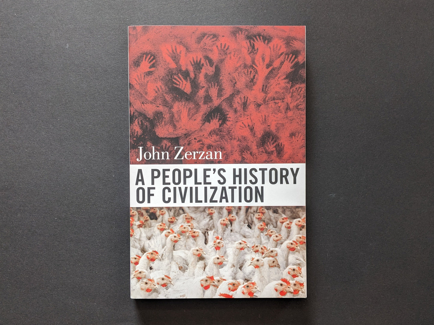 Front cover of A People’s History of Civilization by John Zerzan – red handprint collage and industrial chicken imagery