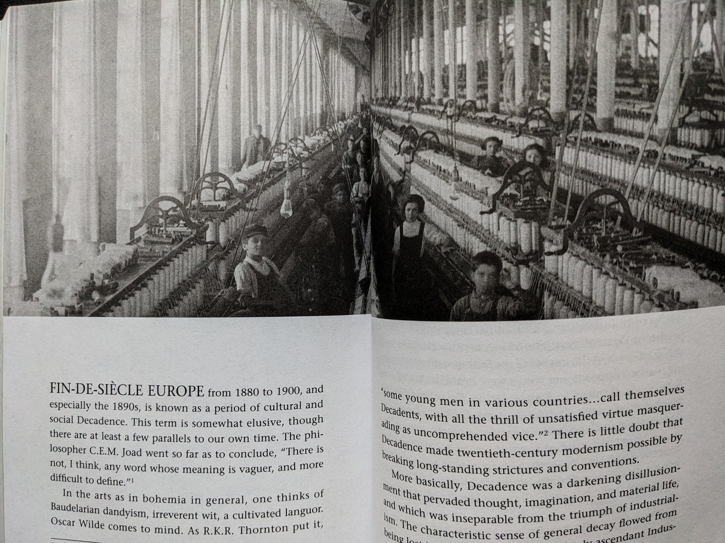 Spread from A People’s History of Civilization – early industrial textile factory image with discussion of fin-de-siècle decadence