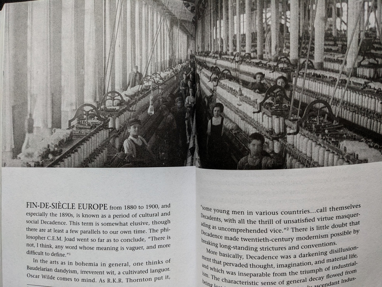 Spread from A People’s History of Civilization – early industrial textile factory image with discussion of fin-de-siècle decadence