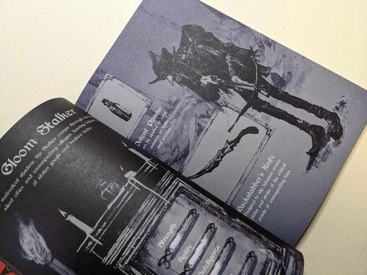 Interior spread from Age of Rot featuring “Gloom Stalker,” character stats, and item entries like “Potent Poison.”