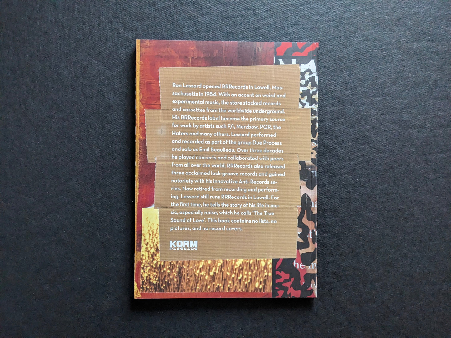 Back cover of America's Greatest Noise with publisher text about RRRecords and Ron Lessard.
