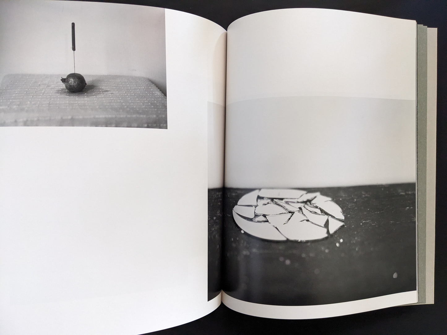 Double-page spread from Ash (New Edition) by Muge, knife in fruit and broken ceramic plate composition.