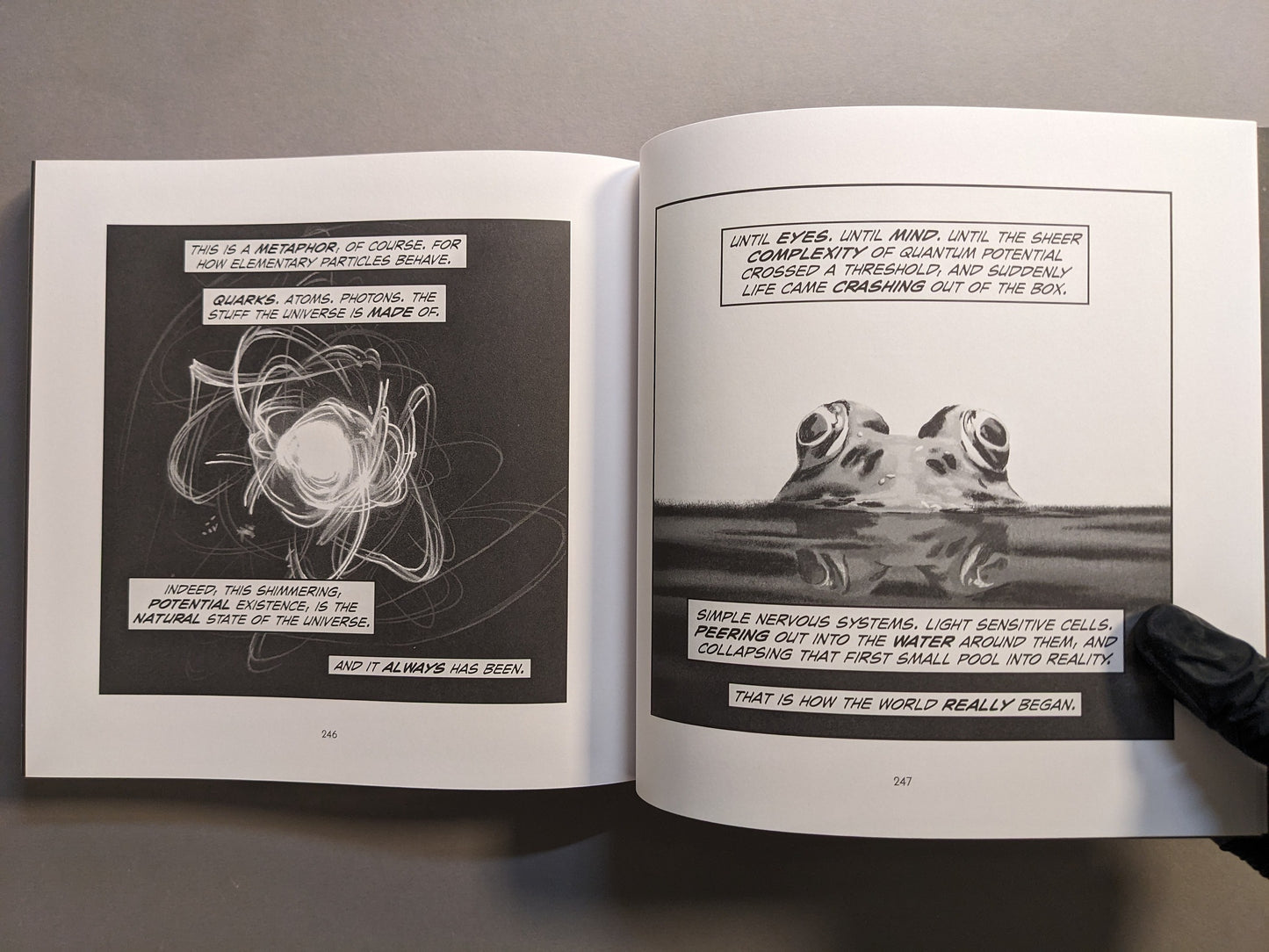 Interior spread: metaphor of quantum particles drawn as glowing lines opposite a frog emerging from water; black-and-white sci-fi comic.
