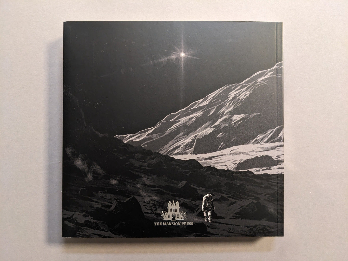 Back cover with an astronaut on a rocky slope and a starburst in the distance.