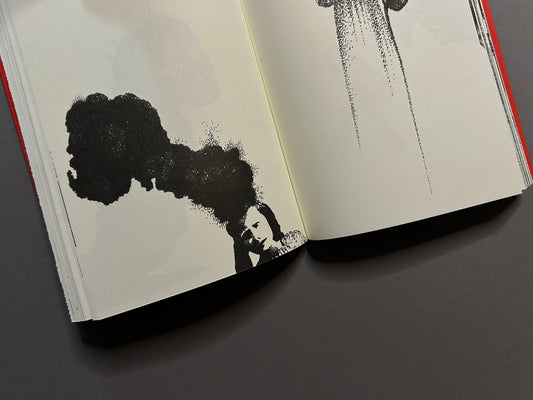 Bal de tête interior spread with black ink drawings on cream pages
