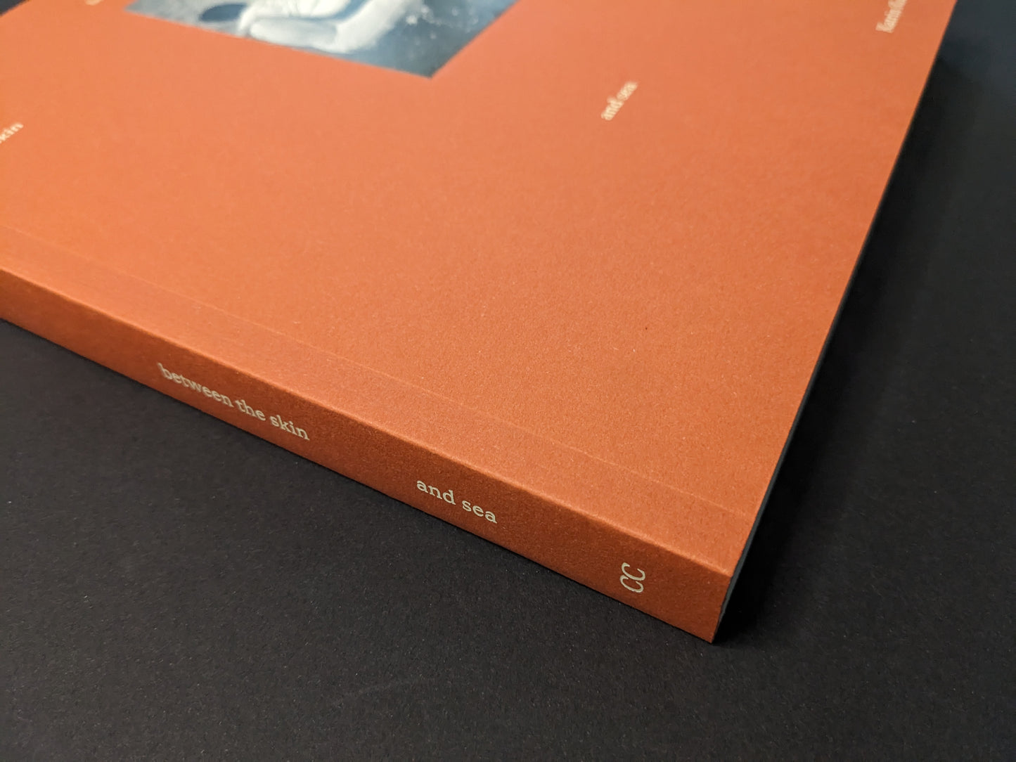 Spine detail of “between the skin and sea” by Katrin Koenning, orange cover with white title text and Chose Commune logo.