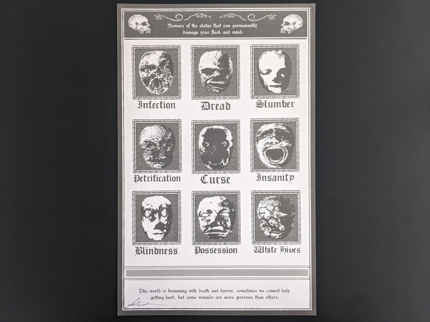 “Beware of the states that can permanently damage your flesh and mind” limited VERMIS print (New Version) by Plastiboo, signed art print with illustrated faces representing infection, dread, slumber, petrification, curse, insanity, blindness, possession, and white hives. Hollow Press 2024.