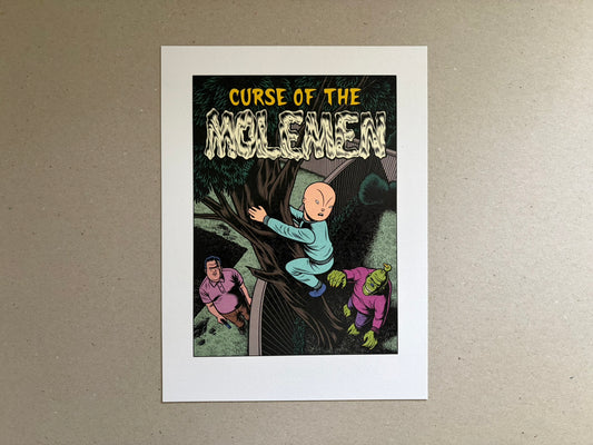 Big Baby bookplate print showing a small figure climbing a tree under the title Curse of the Molemen.