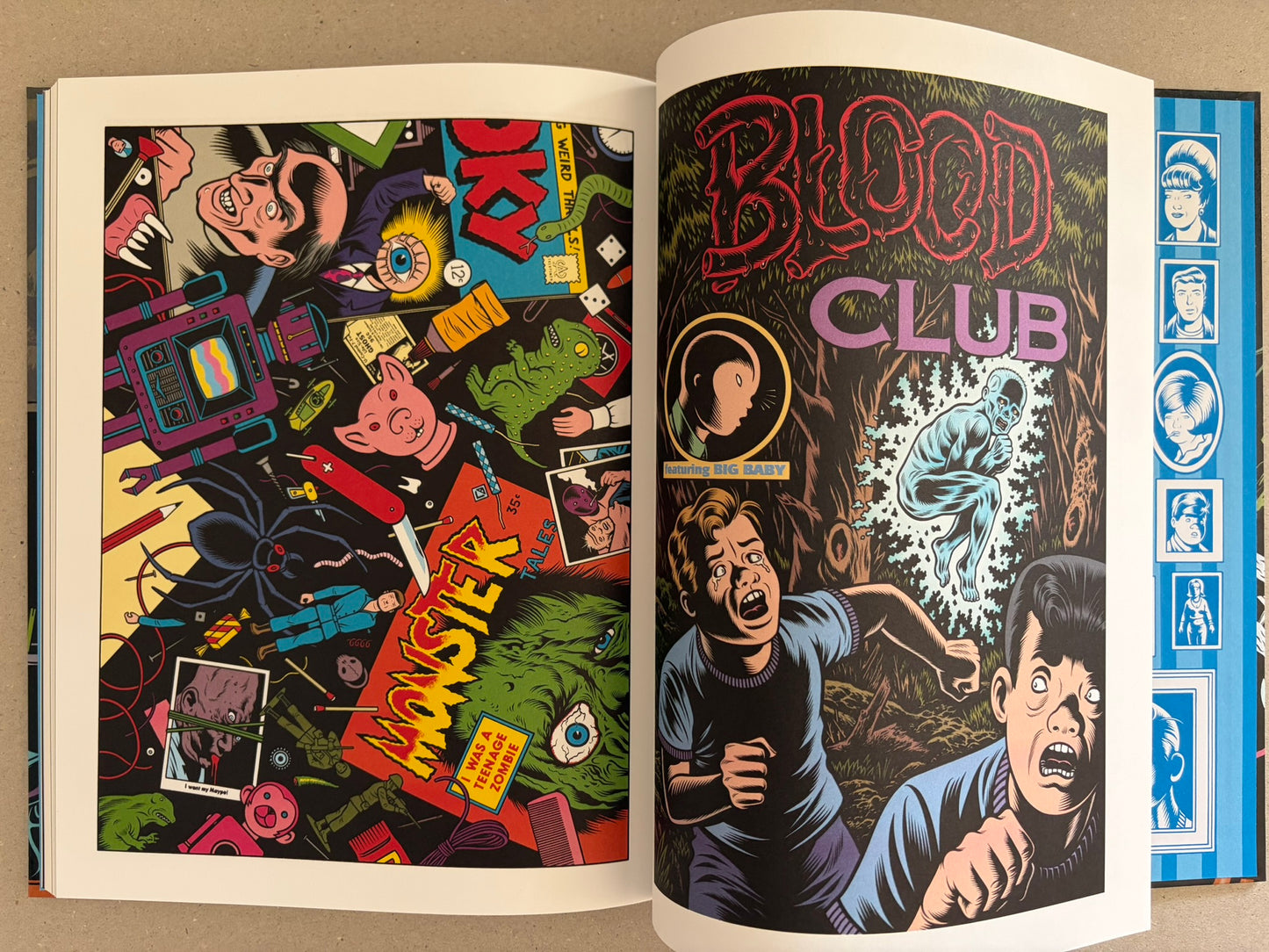 Interior spread from Big Baby with a colorful collage page on the left and the title Blood Club on the right.