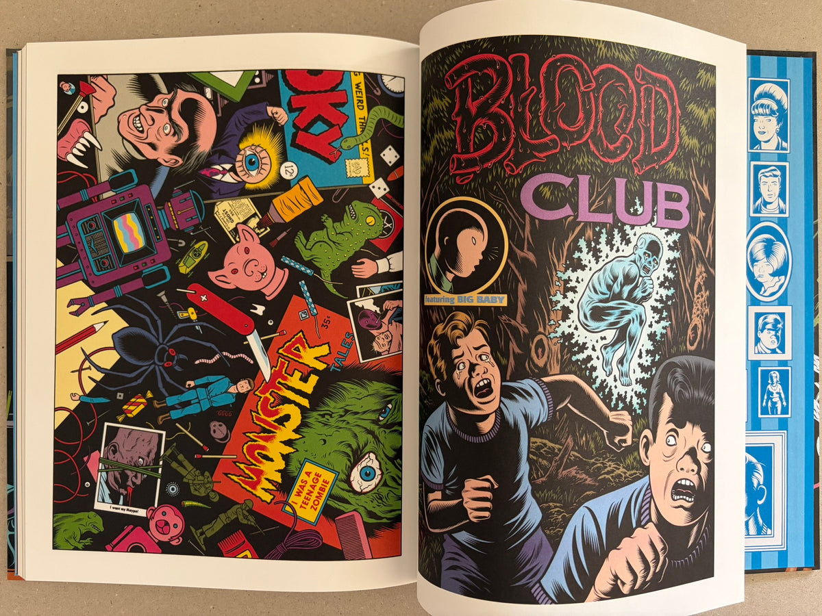 Interior spread from Big Baby with a colorful collage page on the left and the title Blood Club on the right.