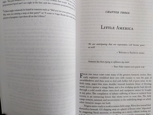 Chapter opening of "Little America" in "Big Dead Place" with ironic quotes from Raytheon memos and winter psych evaluations