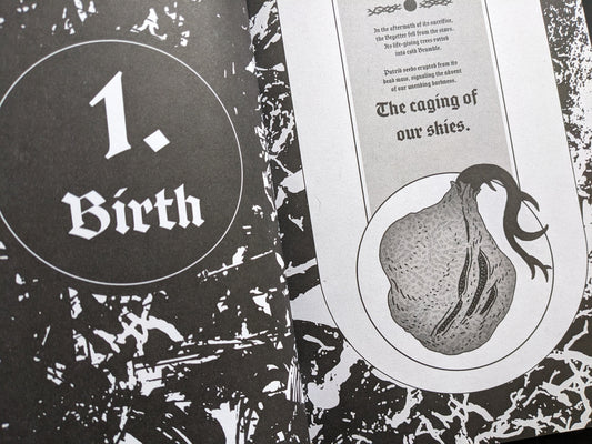 Interior page of Bramble, showing "Birth" chapter with dark surreal illustrations and game lore.