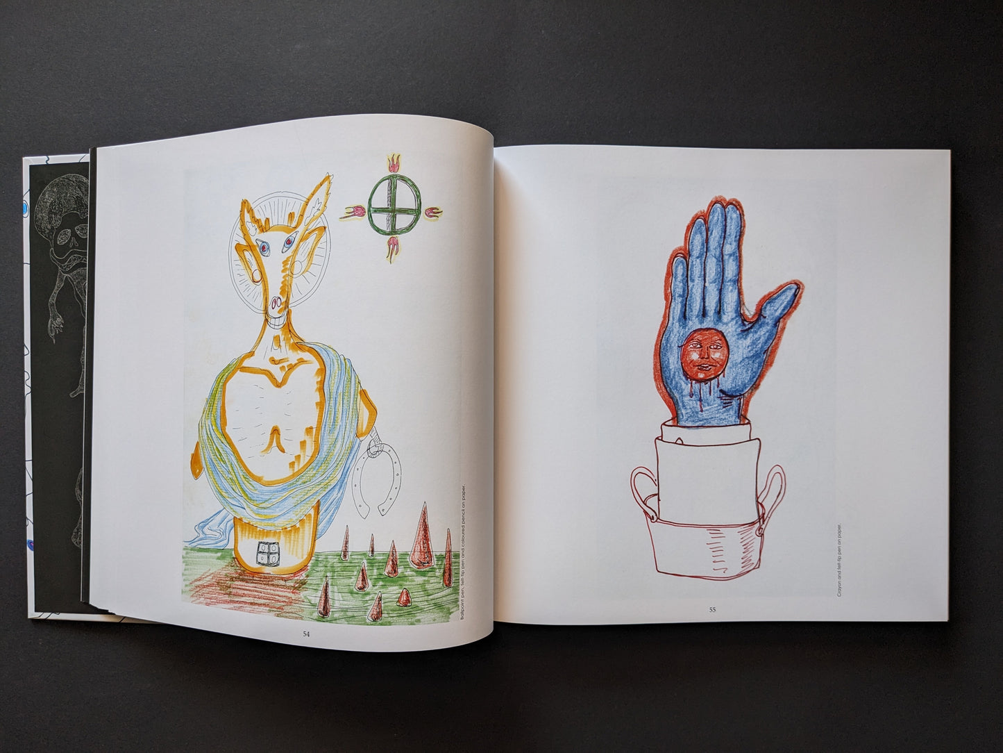Double-page spread with two surreal drawings: a golden anthropomorphic figure and a red-blue hand rising from stacked pots.