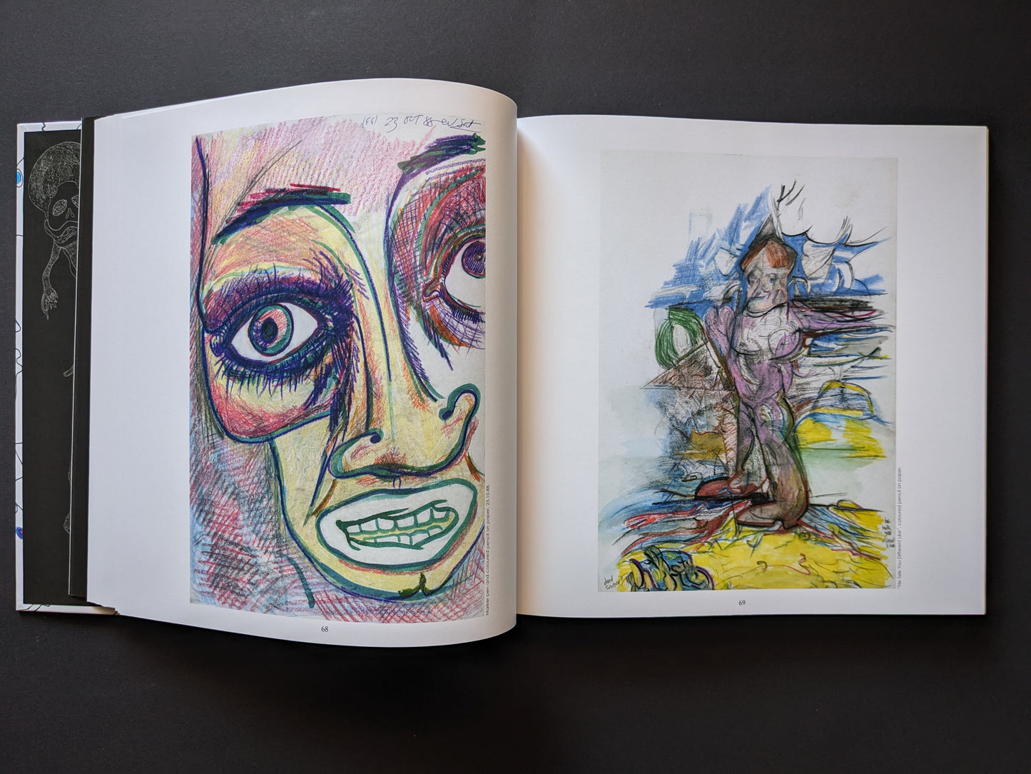 Left: a multicolored face with bulging eyes and crooked teeth. Right: a distorted humanoid figure blending into a dreamlike landscape.