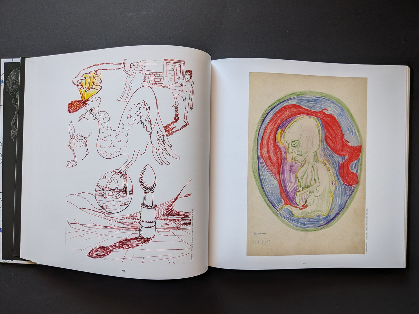 Left: ink drawing of a chicken, phallus, and human forms. Right: a fetus in a colored oval.