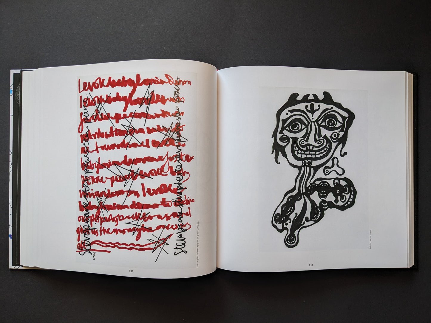 Left: a red text drawing with black crossed-out words. Right: a black-and-white grotesque humanoid figure.