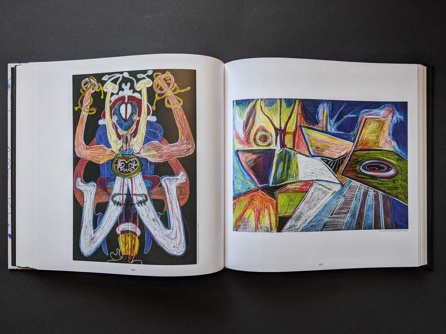 Left: a deity-like figure with outstretched arms and bright colors. Right: an abstract composition of geometric, fiery shapes.