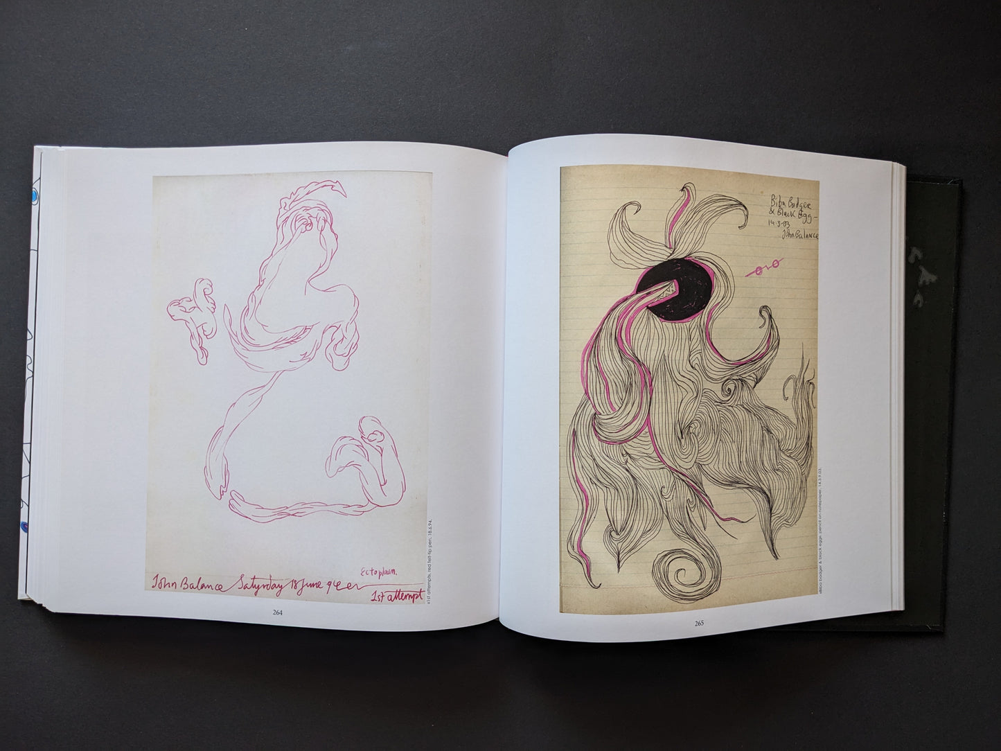 Left: floating pink biomorphic figure signed “ectoplasm.” Right: swirling black strands radiating from a black circle.