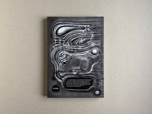 Back cover of Bubzium – The Guidebook to Postapoland with a dark abstract design and price mark