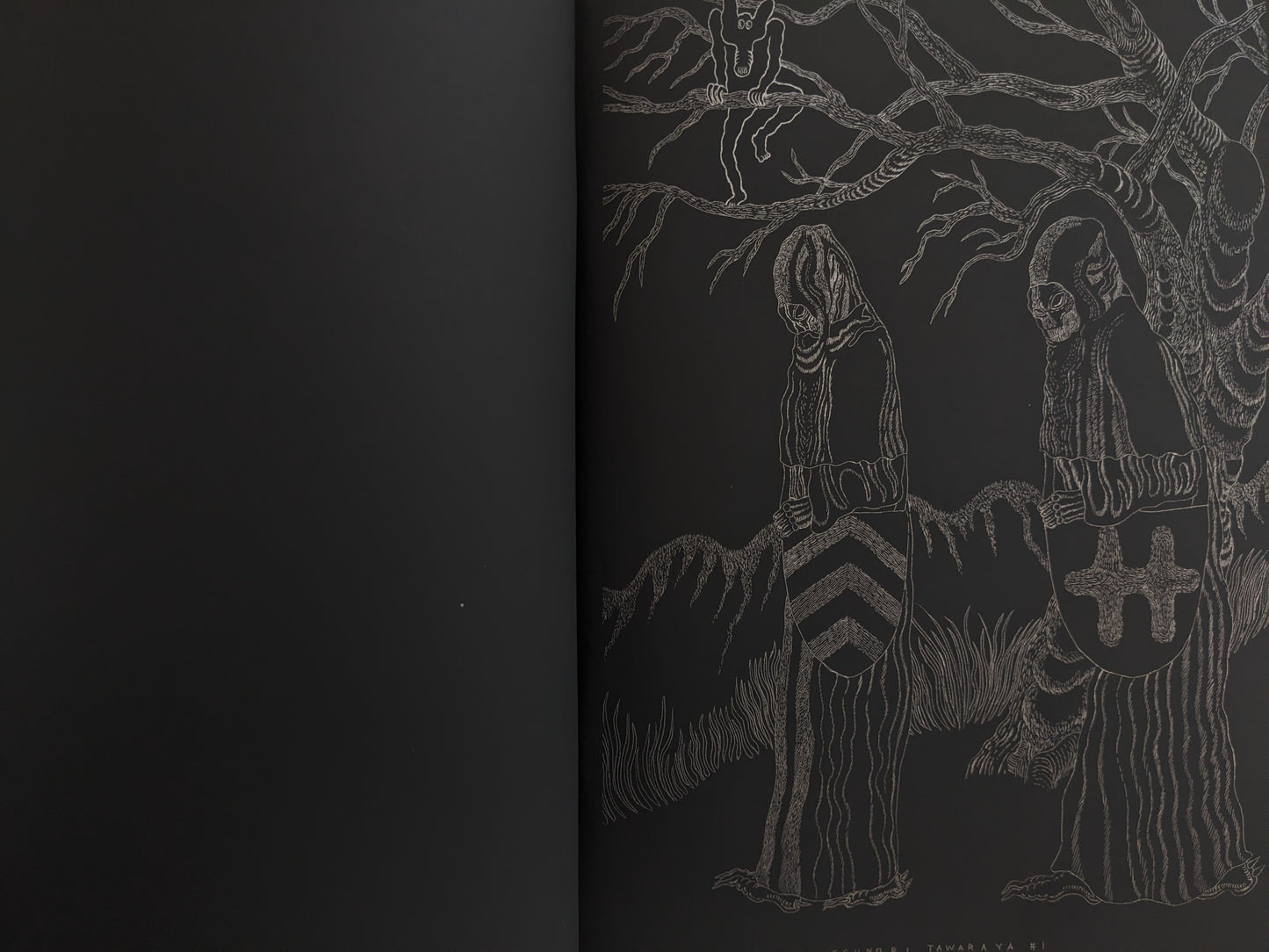 Inside page from Crystal Bone Drive – two hooded figures with shields walking under a tree