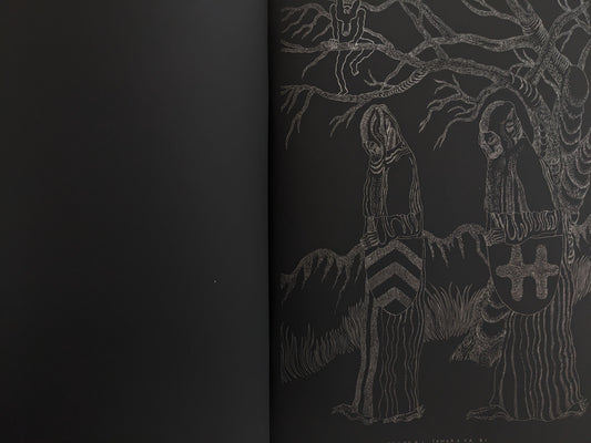 Interior page showing two hooded figures with shields walking under a tree