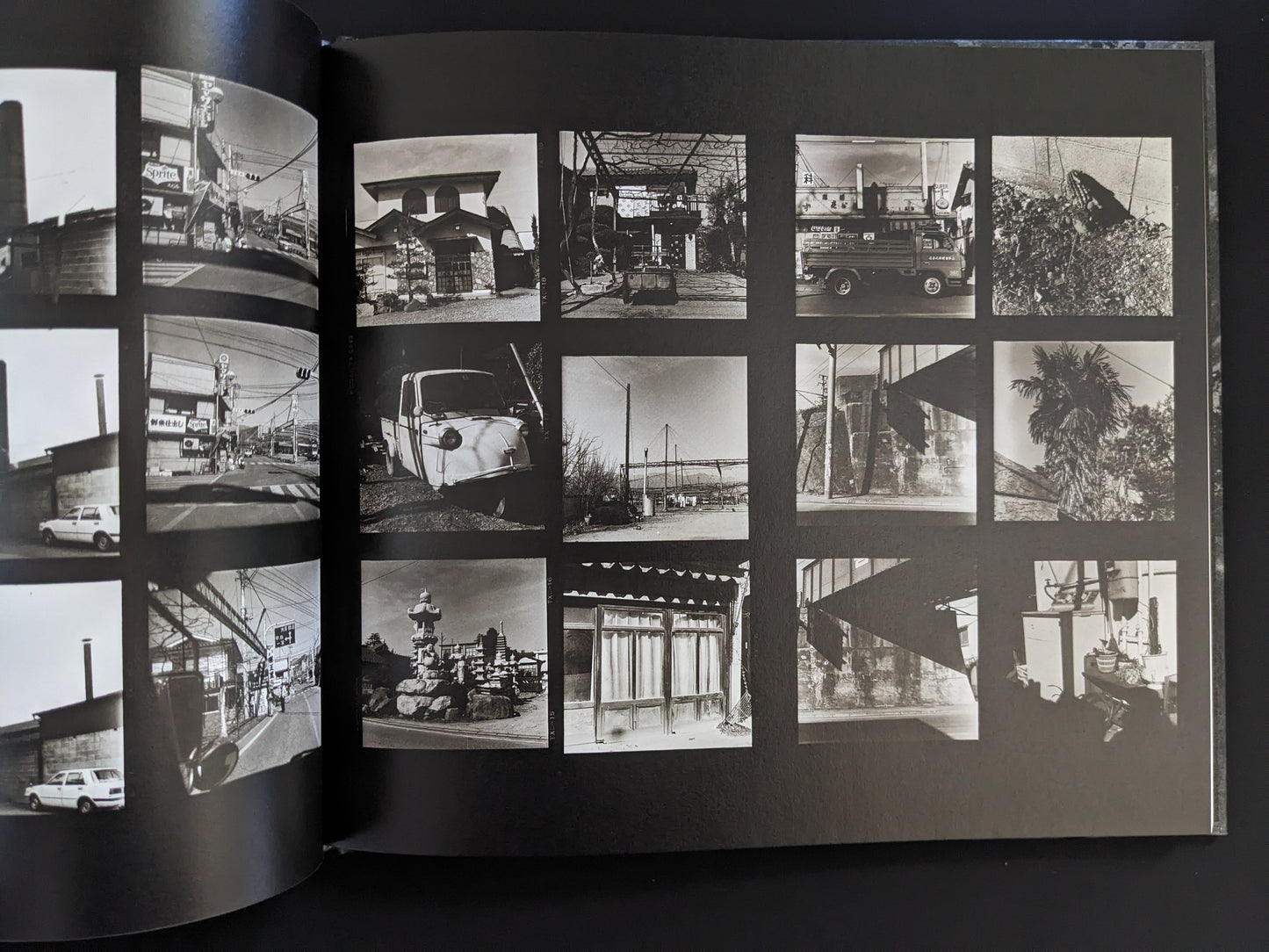 Contact sheet style page from 1980s Remnants by Daido Moriyama with multiple urban snapshots