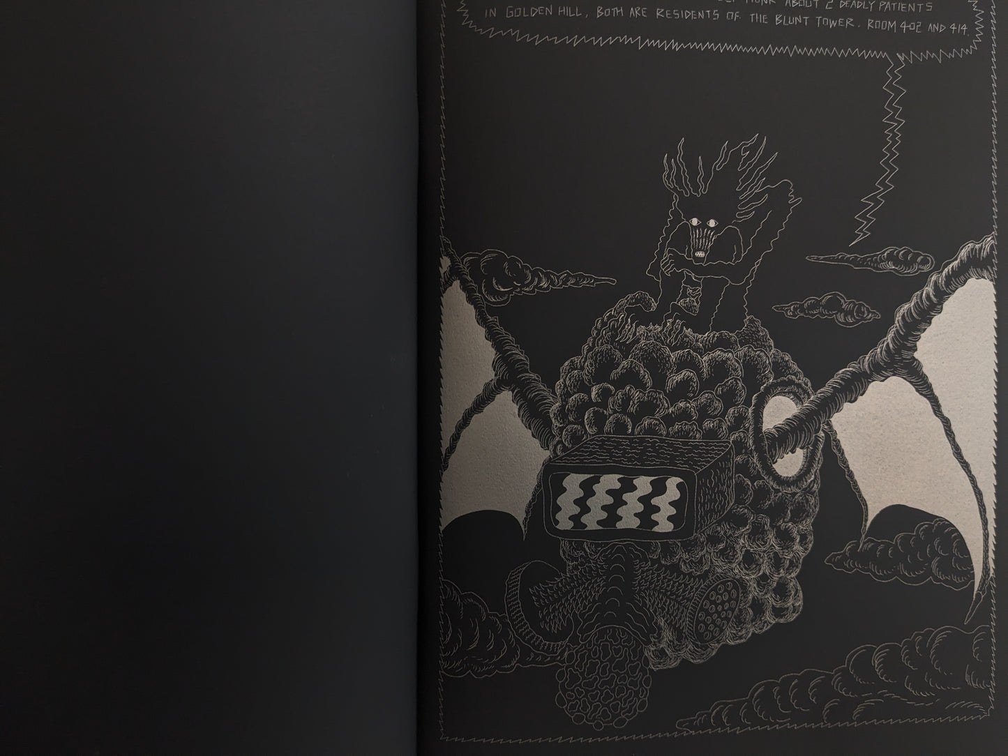 Comic page from Dimensional Flats – grotesque creature riding a winged, organic flying machine