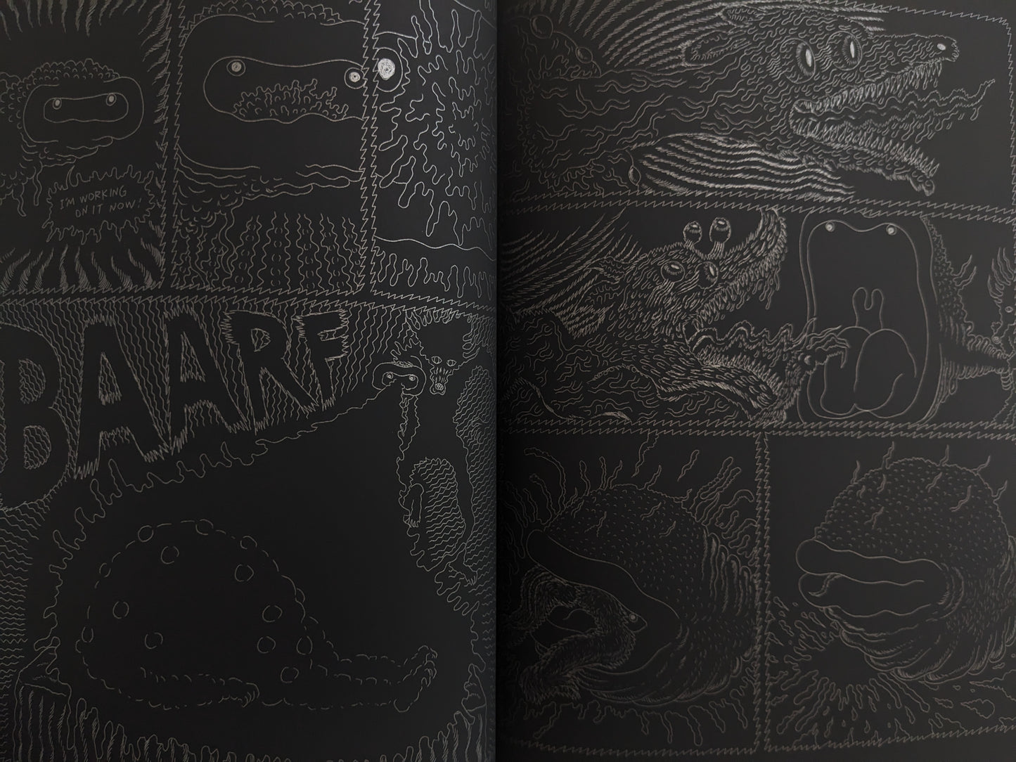 Interior comic spread from Dimensional Flats – bizarre creature transformations and surreal vomiting panel