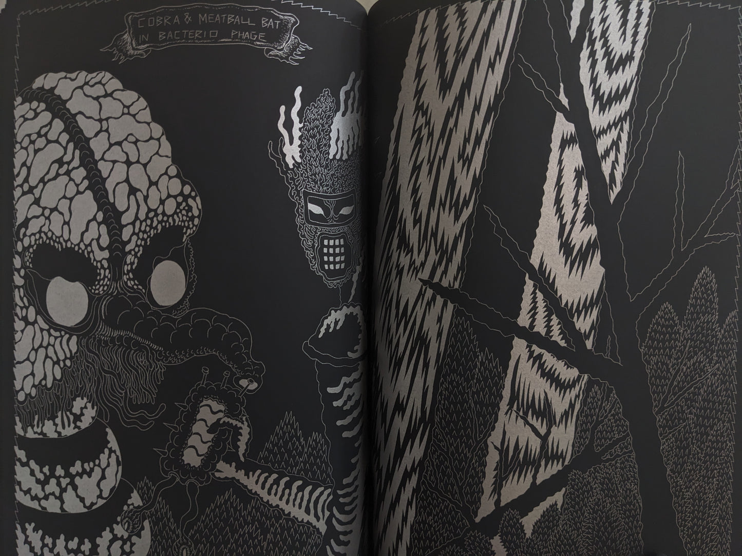Spread from Dimensional Flats – alien creatures labeled "Cobra & Meatball Bat" inside bacteriophage environment