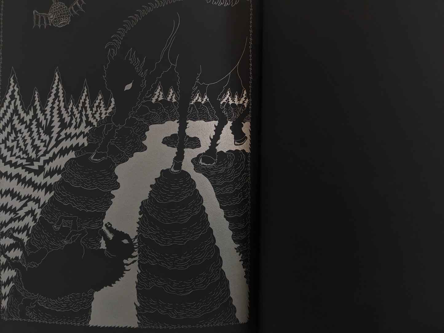 Final page showing a skeletal horse walking through an alien forest of layered terrain.