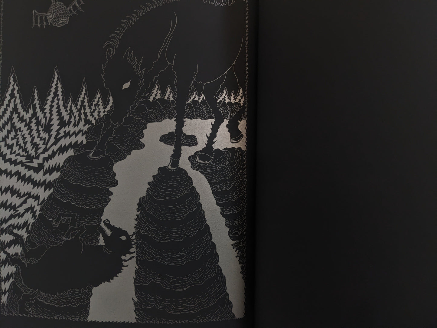 Final page showing a skeletal horse walking through an alien forest of layered terrain.