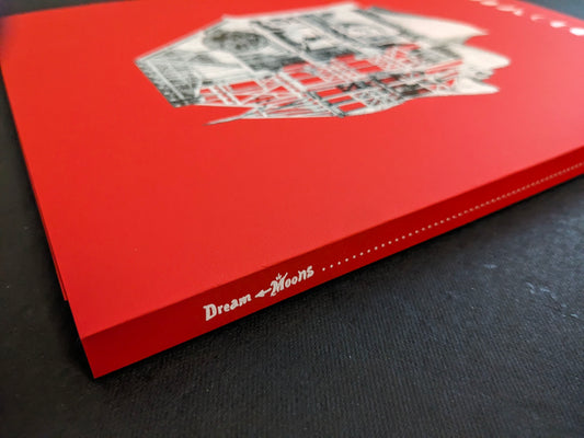 Spine detail of Dream Moons by Yurian Quintanas Nobel on a red cloth-bound book.
