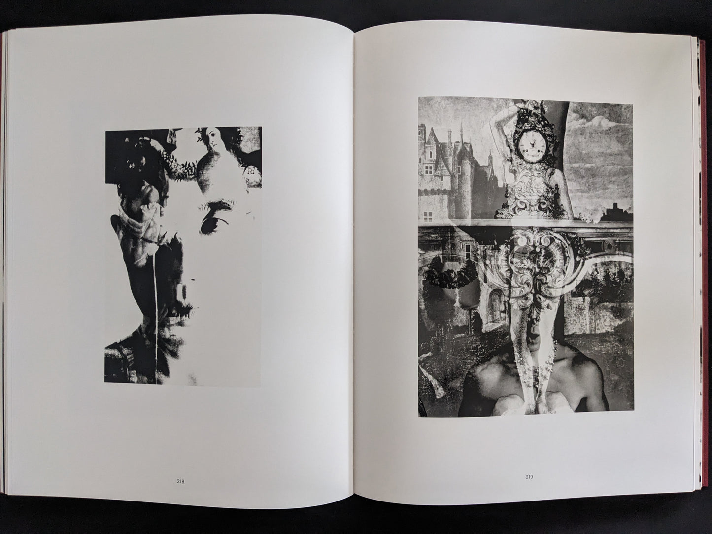 Two surreal photo-collages blending human figures and classical imagery, reflecting Hosoe’s experimental style.