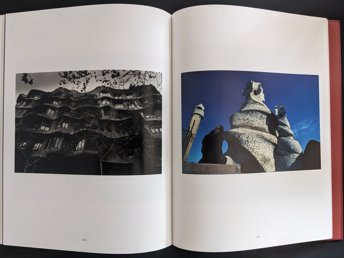 Black-and-white photo of Antoni Gaudí’s Casa Milà façade on the left; color image of sculptural rooftop chimneys from Casa Milà on the right, both captured by Eikoh Hosoe in Barcelona.
