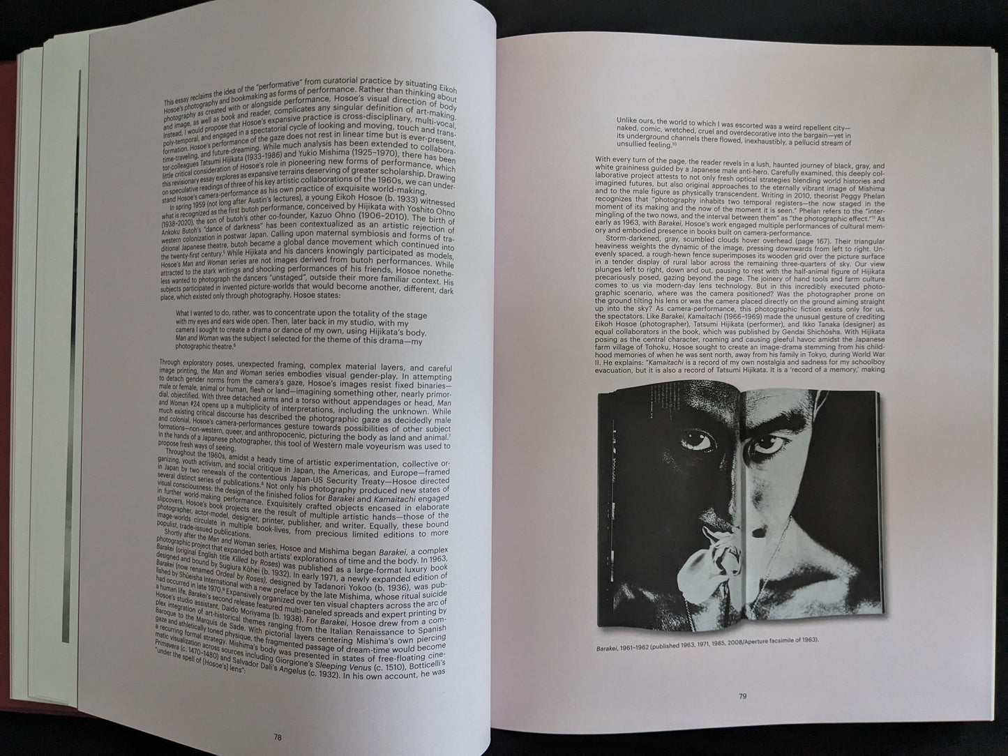 Spread with English text and an image from Hosoe's series featuring dual portrait and flower symbolism