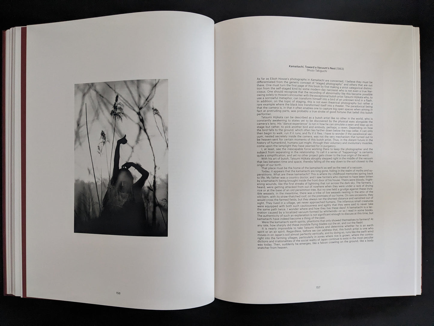 Photograph of a figure in reeds, paired with an essay by Shuzo Takiguchi on Eikoh Hosoe’s Kamaitachi series.