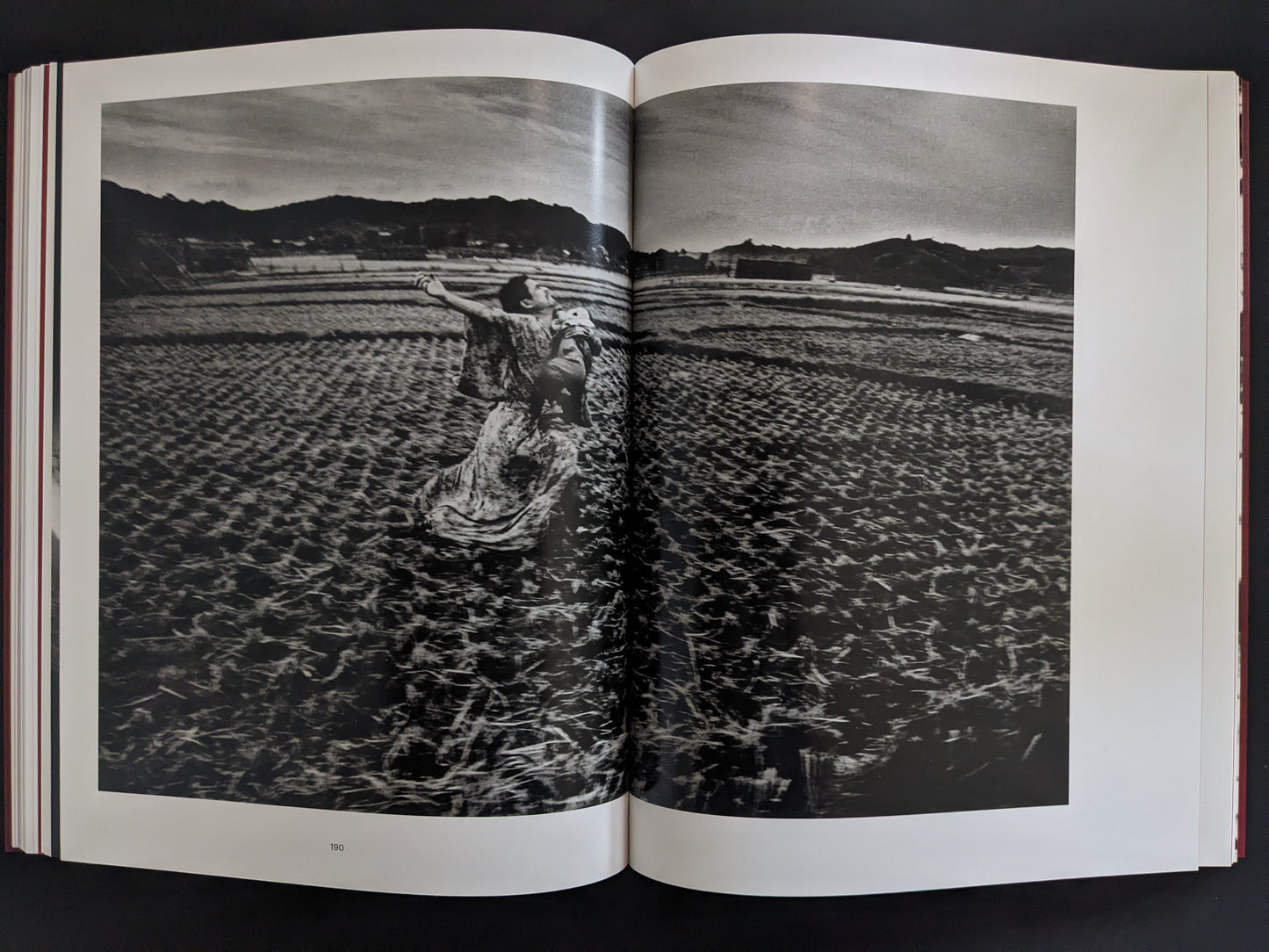 Double-page spread showing a dramatic black-and-white photograph of Tatsumi Hijikata dancing in a field.