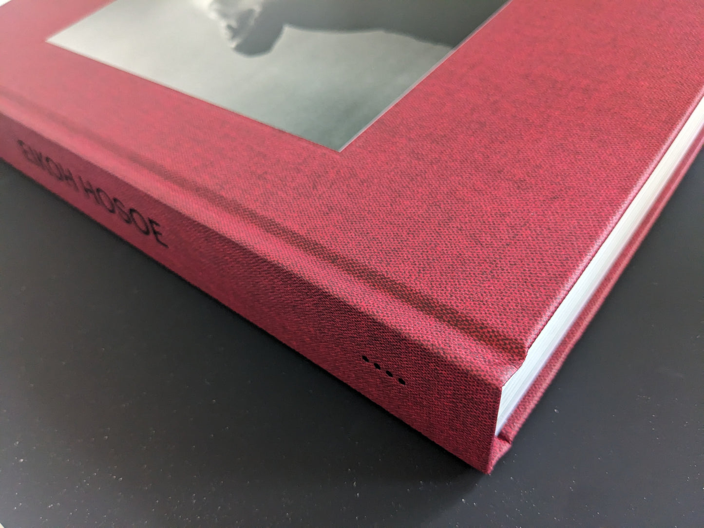 Spine detail of 'Eikoh Hosoe (English edition)' showing embossed title on red cloth cover
