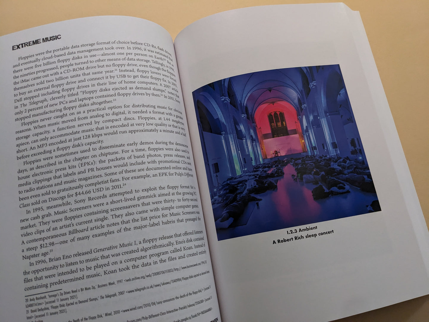 Spread from 'Extreme Music' discussing floppy disk formats and ambient concerts with image of Robert Rich sleep concert.
