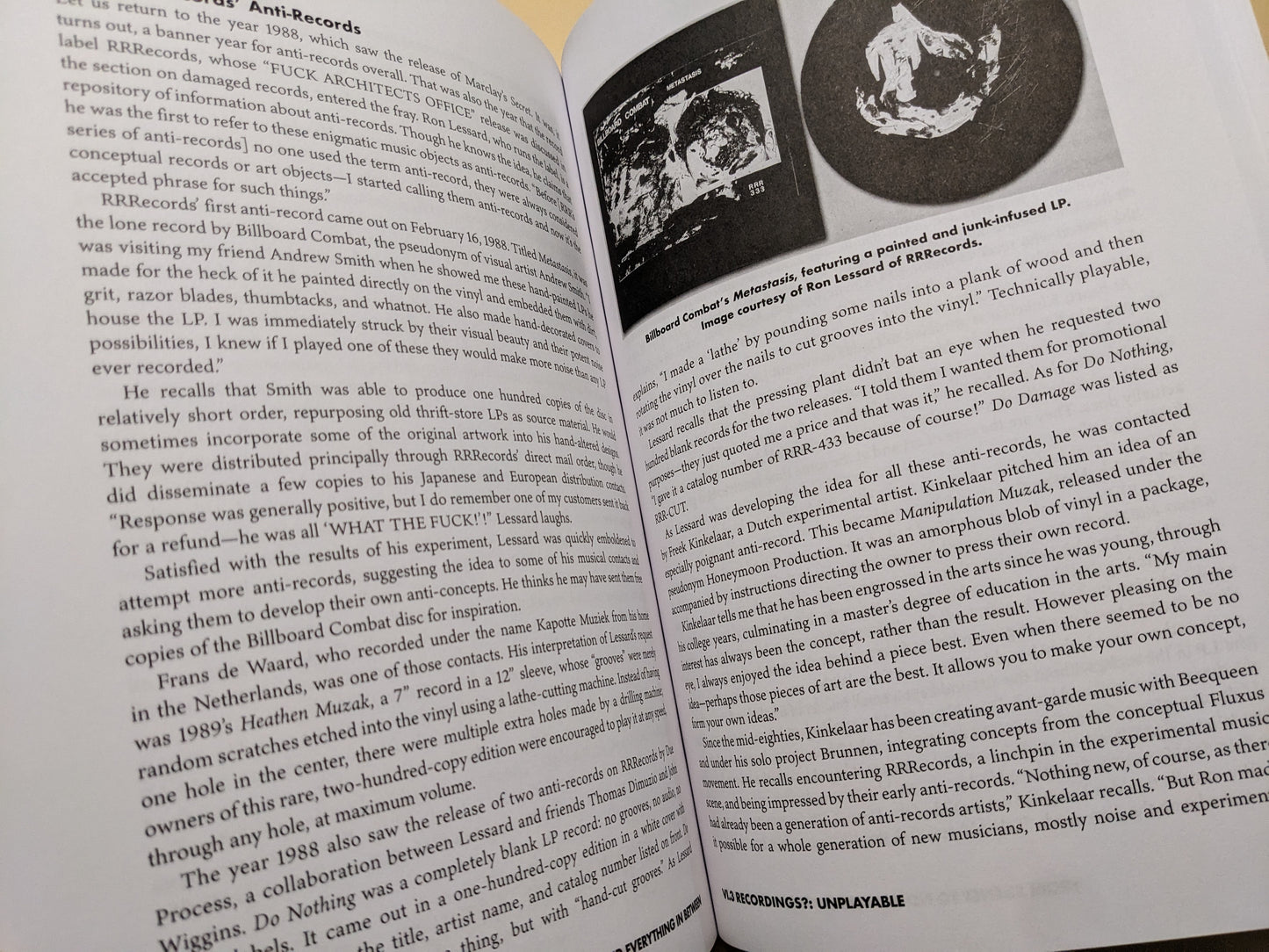 Interior of 'Extreme Music' describing RRRrecords' anti-records and packaging experiments with embedded objects.
