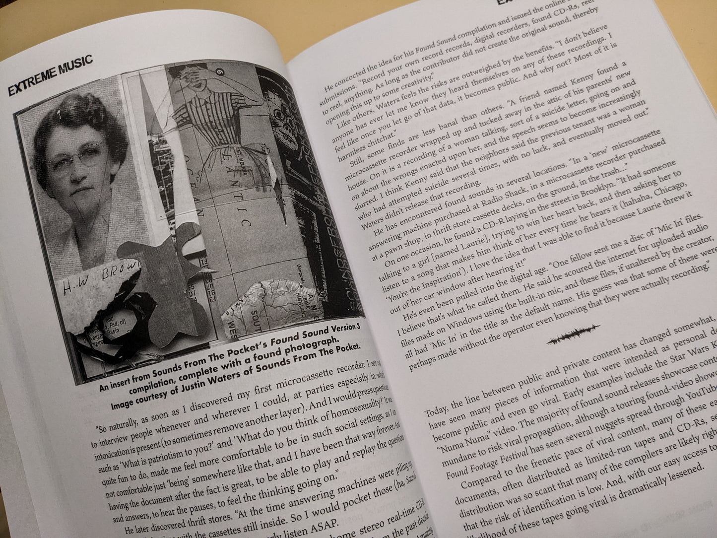 Interior page from 'Extreme Music' with found photo collage and text on microcassette recordings and public vs private sound.