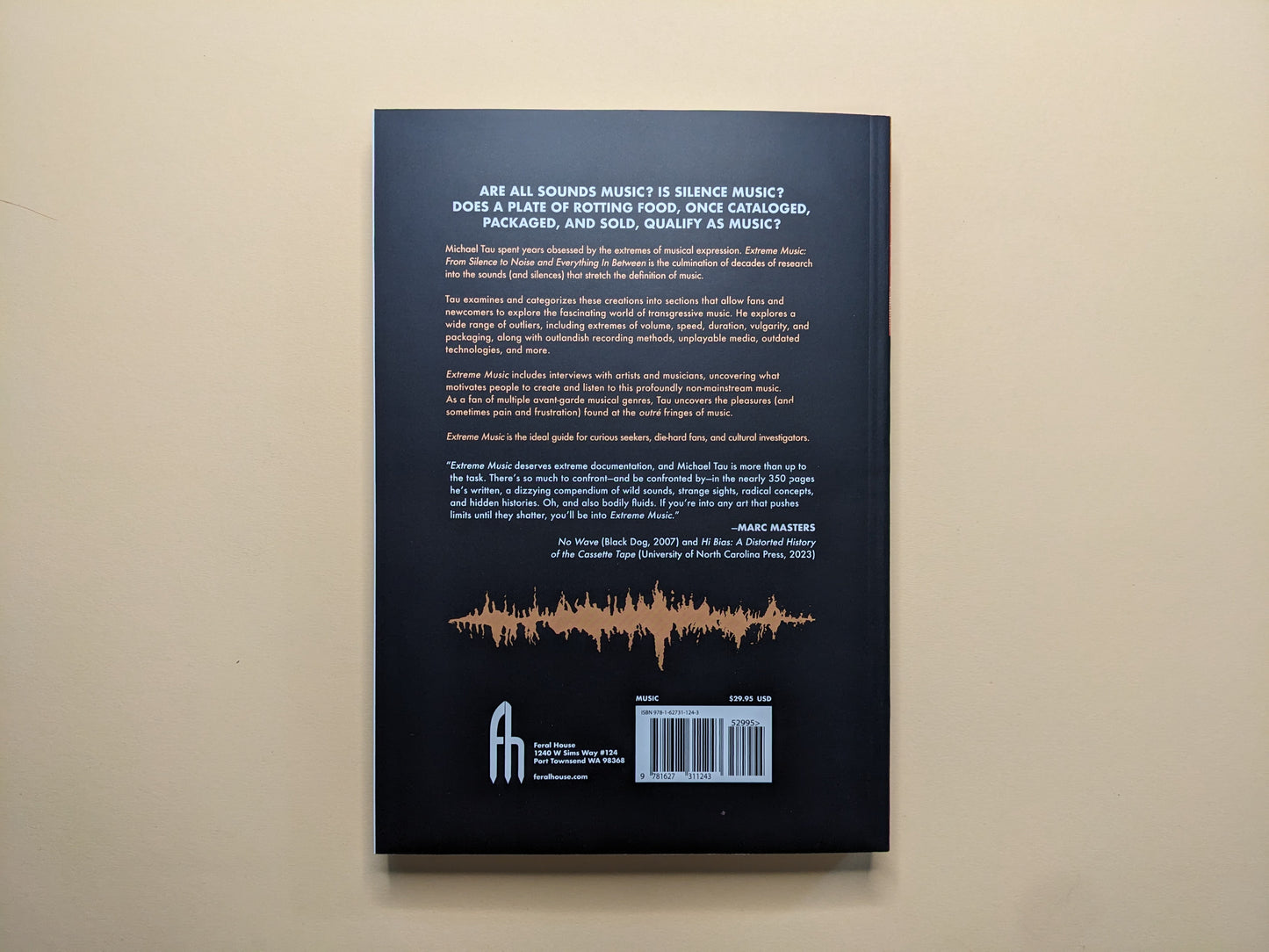 Back cover of 'Extreme Music' showing synopsis, publisher logo, and barcode, with orange waveform graphic.