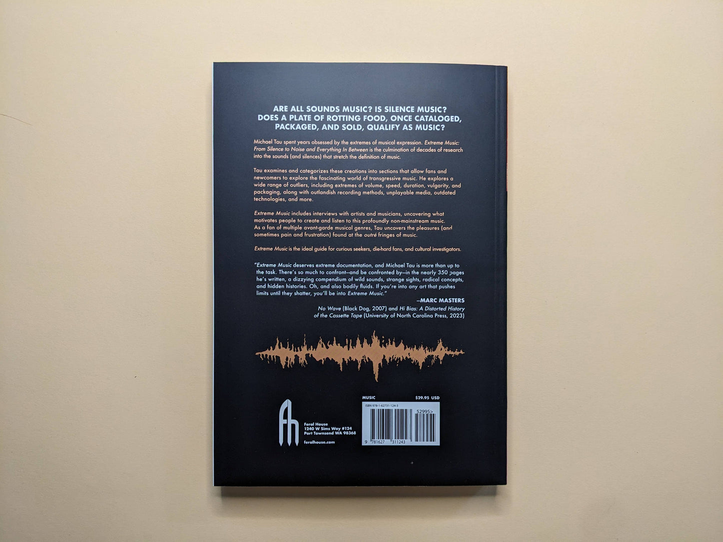 Back cover of 'Extreme Music' showing synopsis, publisher logo, and barcode, with orange waveform graphic.