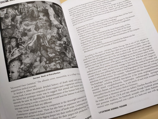 Page spread from 'Extreme Music' showing section titled 'Extreme Scenes: Vulgar' with Carcass' Reek of Putrefaction.