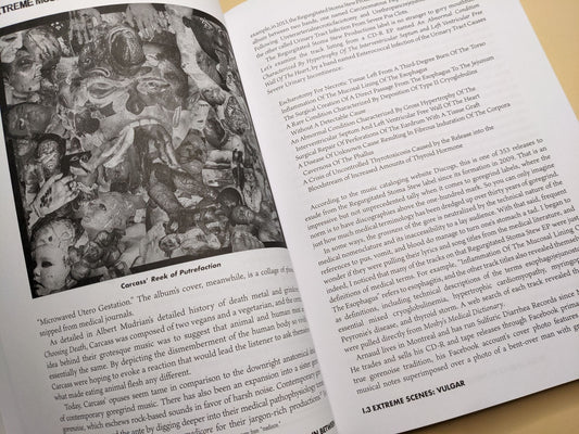 Page spread from 'Extreme Music' showing section titled 'Extreme Scenes: Vulgar' with Carcass' Reek of Putrefaction.
