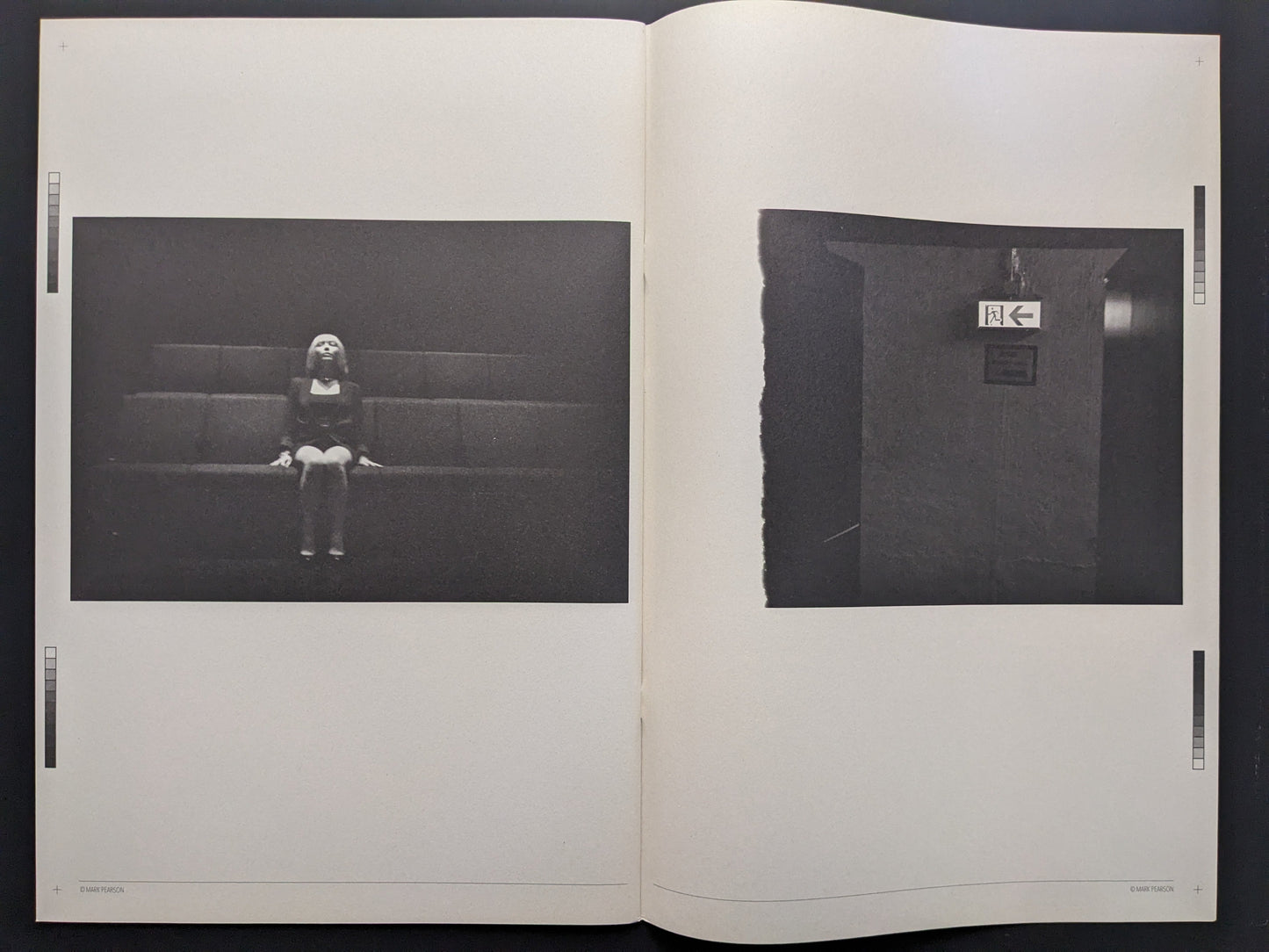 Open book Far East Obsession by Mark Pearson showing black and white images of a person on a dark background