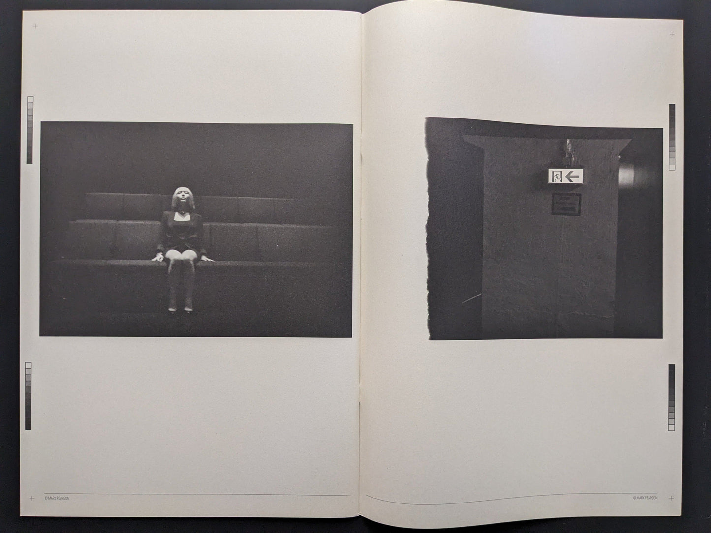 Open book Far East Obsession by Mark Pearson showing black and white images of a person on a dark background