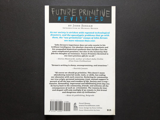 Back cover of Future Primitive Revisited – quotes and synopsis on white background